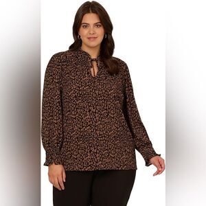 Adrianna Papell Ruffle Tieneck Long Sleeve Top Leopard Medium